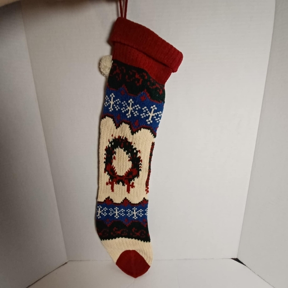 2 Christmas Stocking Knitted Vintage Sock Soft Rustic Cabin Retro Wreath Bell - Picture 1 of 9